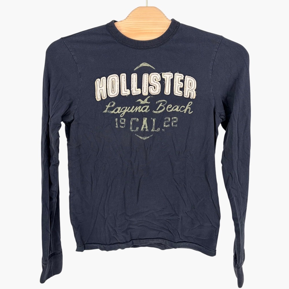 Hollister Long Sleeve T-Shirt Large Navy Blue Laguna Beach Graphic Applique